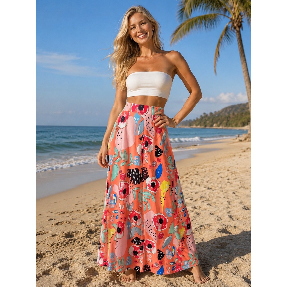 Floral Wide Leg Palazzo Pants Tropical Coral Pink High Waist Summer Trousers